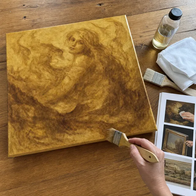 Guide showing an oil painting being varnished and cared for