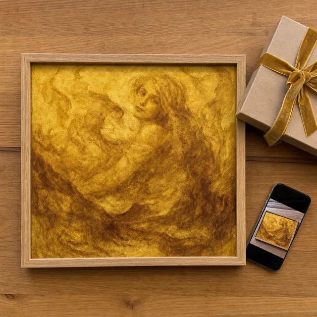 Guide showing a framed oil painting, gift wrapping, and phone photography tips