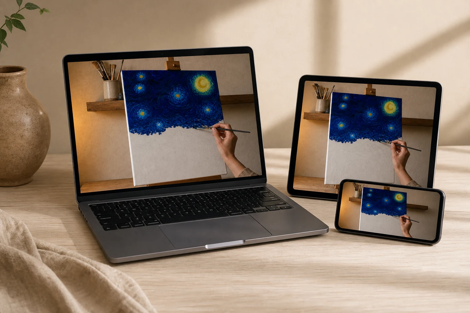 Course mockup showing the Dreamy One-Color Oil Portrait Course on multiple devices