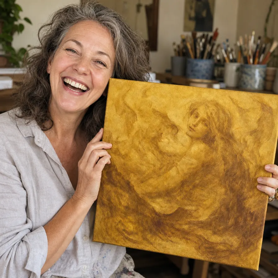 Elena holding a dreamy one-color oil portrait