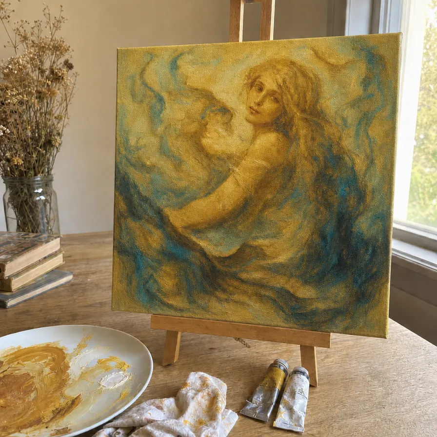 Dreamy portrait in warm golden tones with glowing blue accents