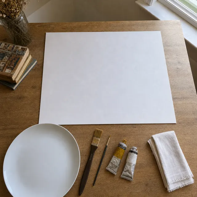 Water-mixable oil tubes, brushes, and canvas paper on a table