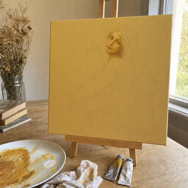 A one-color portrait on an easel with the face painted and glowing, the rest still bare sketch