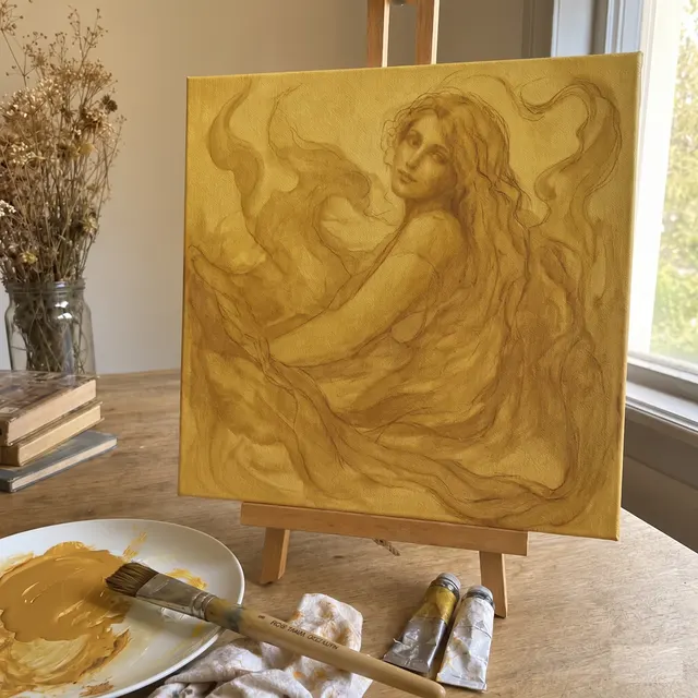 A one-color portrait on an easel with the face painted and the big shapes of hair, body and background loosely blocked in