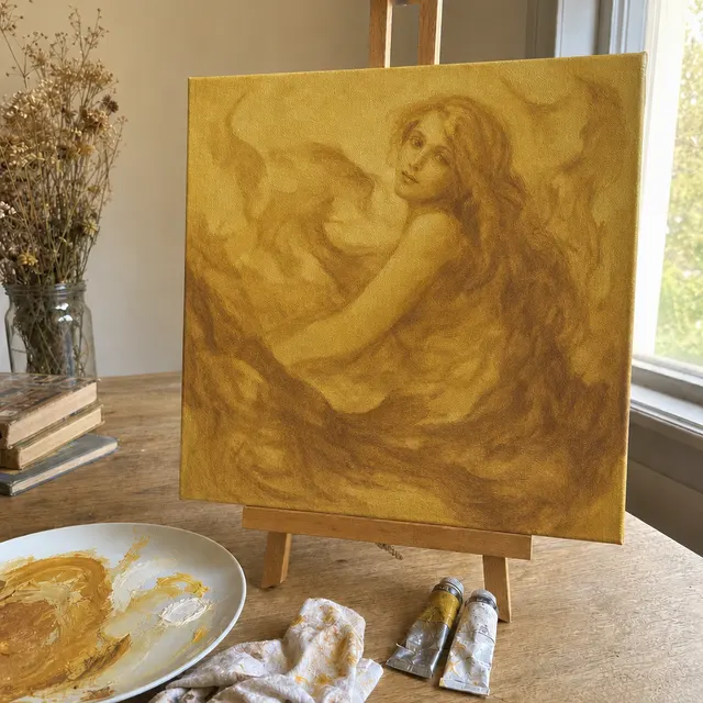 An almost finished one-color portrait on an easel with hair, body and background filled in